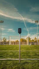 a soccer field with a goal post and a soccer ball