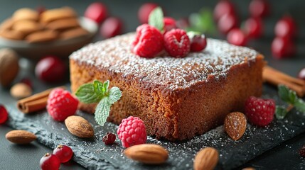 Wall Mural -   A slice of cake rests atop a darkened platter, surrounded by a scattering of nuts and raspberries, alongside a bowl of almonds