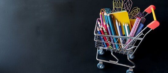 Wall Mural - Shopping cart with colorful school supplies on black background, back to school ads with text space. High-resolution image.