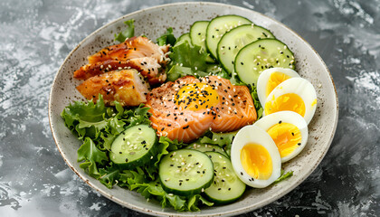 Wall Mural - Ketogenic diet breakfast. Salt salmon salad with greens, cucumbers, eggs and avocado. Keto/paleo lunch. Top view