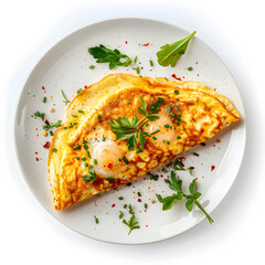 Wall Mural - Top view of egg omelette served on white plate isolated on a white background