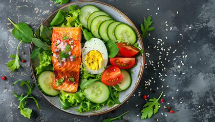 Wall Mural - Ketogenic diet breakfast. Salt salmon salad with greens, cucumbers, eggs and avocado. Keto/paleo lunch. Top view