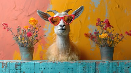 Wall Mural -   A goat with sunglasses and flowers in front of two painted walls, one yellow-red and the other blue