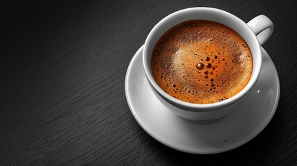 Wall Mural -   A cup of coffee resting atop a white saucer atop a saucer on a dark table