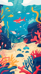 Wall Mural - Underwater scene in a flat design style cartoon children illustration
