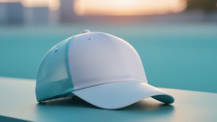 Canvas Print - Modern white and teal trucker cap mockup with a breathable mesh back, ideal for showcasing custom logos or designs. Perfect for fashion, branding, and promotional use. High-quality, realistic display