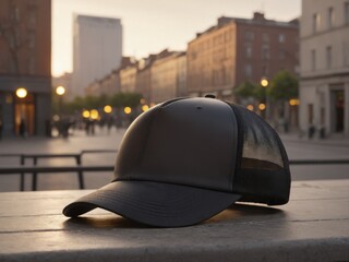 Wall Mural - Modern black trucker cap mockup with a breathable mesh back, ideal for showcasing custom logos or designs. Perfect for fashion, branding, and promotional use. High-quality, realistic display