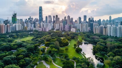 Aerial view of a cityscape with a park in the foreground