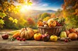 © tammanoon - Rustic Thanksgiving harvest scene on wooden table Autumn landscape background , wooden, background, table, landscape, Thanksgiving, Autumn