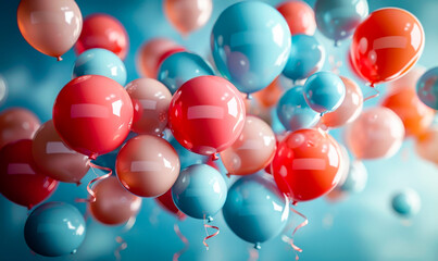 Wall Mural - Vibrant Coral, Orange, and Turquoise Balloons Ascending in Blue Sky - Modern Festive Birthday Celebration Background