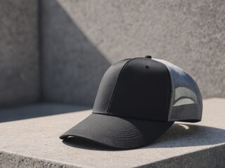 Sticker - Modern black trucker cap mockup with a breathable mesh back, ideal for showcasing custom logos or designs. Perfect for fashion, branding, and promotional use. High-quality, realistic display