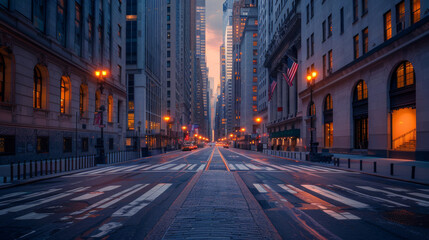 Wall Mural - A city street at night with a few cars and a few pedestrians