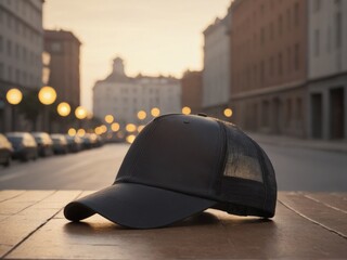 Wall Mural - Modern black trucker cap mockup with a breathable mesh back, ideal for showcasing custom logos or designs. Perfect for fashion, branding, and promotional use. High-quality, realistic display