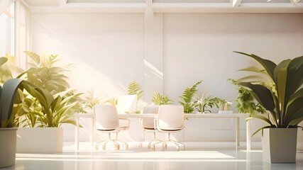 Sticker - White office interior with green plants. Greenery in the clean and bright corporate workspace