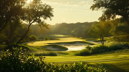 golf course at sunset, beautiful landscape with green grass and trees