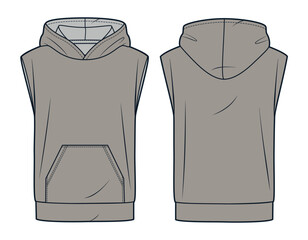 Wall Mural -  Sleeveless Hoodie technical fashion illustration. Hooded Sweatshirt fashion flat technical drawing template, pocket, front and back view, cappuccino brown, women, men, unisex CAD mockup.