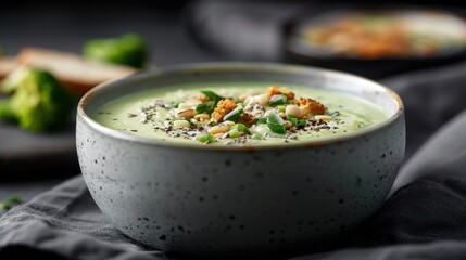 A visually appealing green soup served in a white speckled bowl, topped with nuts and herbs, creating a tasteful and healthy meal choice perfect for any occasion.