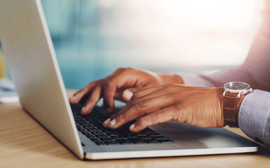 Fototapete - Business, hands and typing on laptop in office for copywriting article, research report or blog review. Freelancer, technology and person with watch for online project and administration work at desk