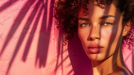 A woman with curly hair poses against a pink wall with palm tree shadows cast upon her face.