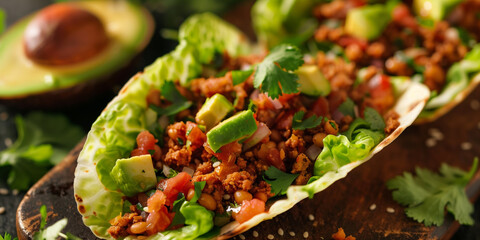 Wall Mural - Detailed shot of a raw vegan taco with walnut meat, fresh salsa, avocado, and cilantro in a lettuce leaf