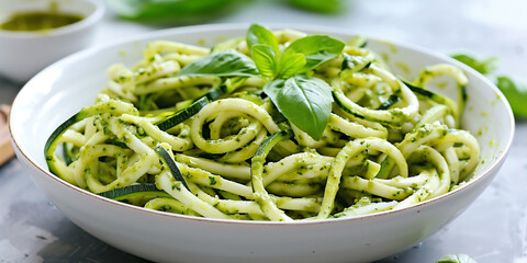 Poster - Fresh batch of paleo zucchini noodles tossed in avocado pesto in a white ceramic bowl.