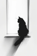 Wall Mural - A black and white sketch of a cat lounging on a windowsill