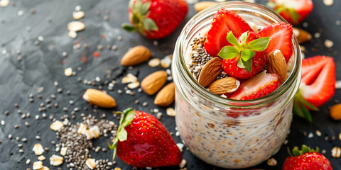 glass jar with overnight oats, chia seeds, almond milk, strawberries, and almonds.