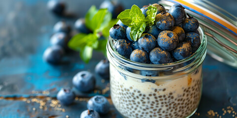 Poster - Chia seed pudding in a glass jar with almond milk, fresh blueberries, and honey drizzle