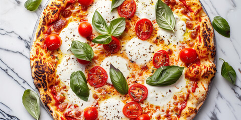 Wall Mural - Gluten-free cauliflower crust pizza with basil, cherry tomatoes, and mozzarella