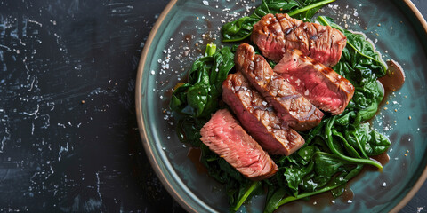 Wall Mural - Plate of seared steak slices on sautéed spinach with sea salt