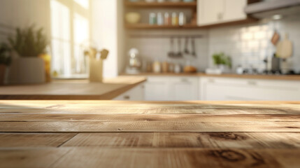 Certainly, here are 25 keywords for selling images of a detailed photo showing  
Wooden table on blurred kitchen bench background. Empty wooden table and blurred kitchen background separated keywords 