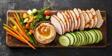 Rustic board with smoked turkey breast, bowl of hummus, and fresh vegetable sticks