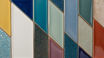 Wall Mural - A wall covered in colorful diamond-shaped ceramic tiles with gold accents