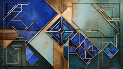 Canvas Print - Geometric abstract art featuring blue, green, and gold tones