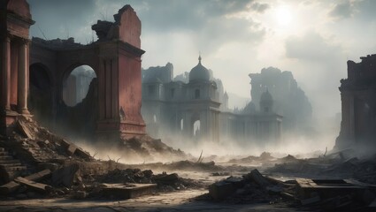 Canvas Print - A forgotten city lies in ruins, shrouded in dust and sun