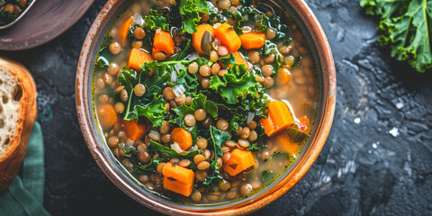 Wall Mural - Top-down view of hearty plant-based soup with lentils, carrots, and kale in a rustic ceramic bowl