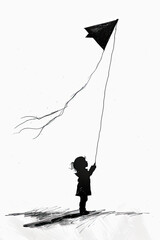 Wall Mural - A black and white sketch of a child flying a kite