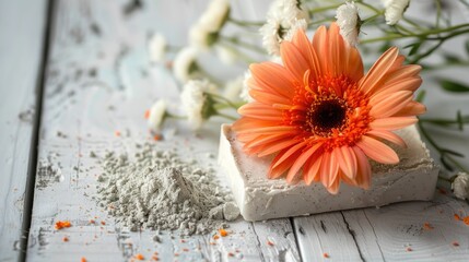 Sticker - Gerbera flower on white wooden background with sea clay powder moisturizer and raw shea butter block