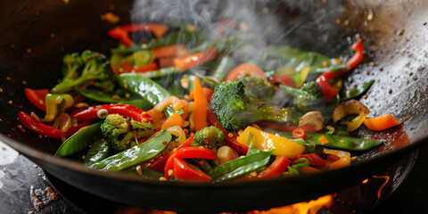 Wall Mural - Vegetable stir-fry cooking in a wok with bell peppers, broccoli, snap peas, and carrots