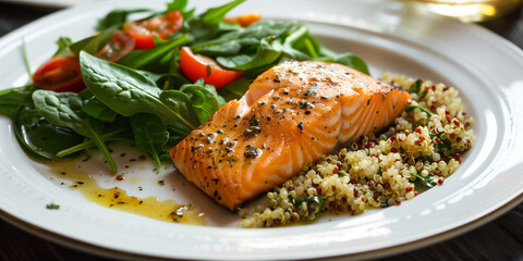 Wall Mural - Cooked salmon fillet with quinoa and spinach salad, light vinaigrette dressing, on a white plate