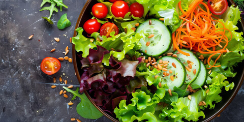 Wall Mural - Overhead view of vibrant salad bowl with leafy greens, cherry tomatoes, cucumbers, and sunflower seeds