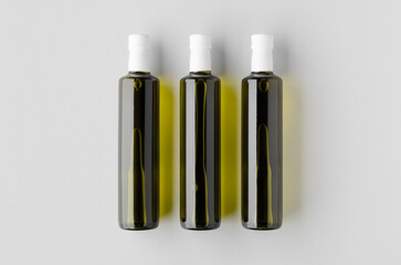 Wall Mural - Olive, sunflower, sesame oil bottle mockup, top view.