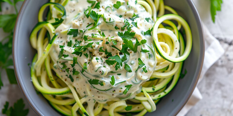 Wall Mural - Spiralized zucchini noodles with creamy Alfredo sauce and fresh parsley