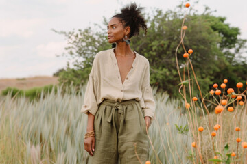 Portrait of  beautiful black woman next to an orange tree, wearing a 100% linen green drawstring pants and blouse