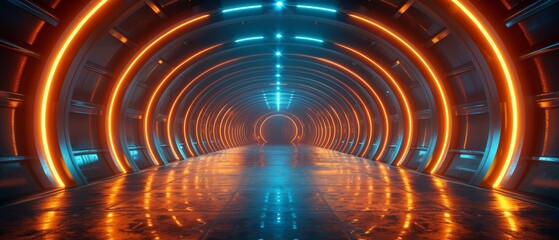 Sticker - Abstract futuristic tunnel. 3D illustration of an underground passage with neon lights, sea waves, seascape elements and sea waves.