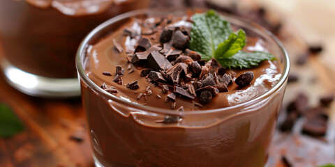 Wall Mural - Low-carb chocolate avocado mousse with cacao nibs and mint leaves