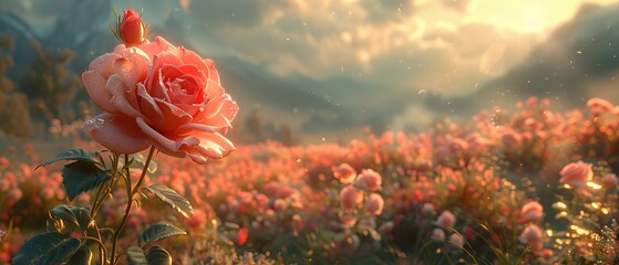 Wall Mural - Rose in fantasy landscape. Beautiful pink rose, flowers. Fantasy flower garden, magic. 3D illustration.