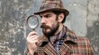 © Login - A male detective or spy wearing a hat and a magnifying glass in his hand. Investigating and searching for evidence. Finding a way out of a difficult situation. Illustration for cover, brochure, etc.