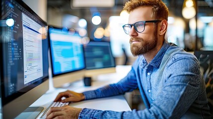 A programmer at work in front of a burning monitor. A male trader at work on a computer. Operational data analysis. Design for banner, flyer, poster, cover or brochure.
