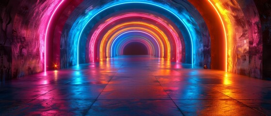 Wall Mural - Tunnel of light with neon lights, sci-fi corridor. Metallic light reflection. AI.